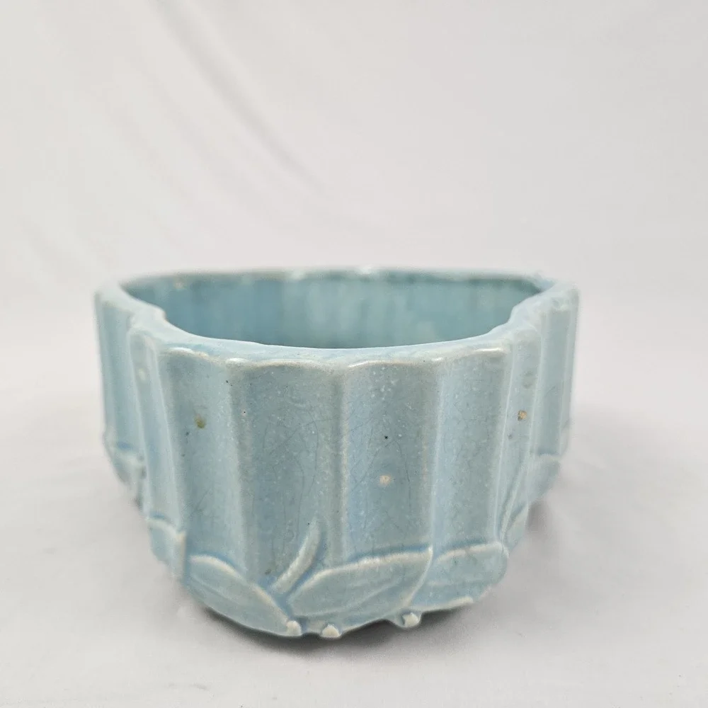 Vintage McCoy Pottery Jardinière Planter Aqua Blue Turquoise Bamboo Leaves 1940 - Picture 5 of 14